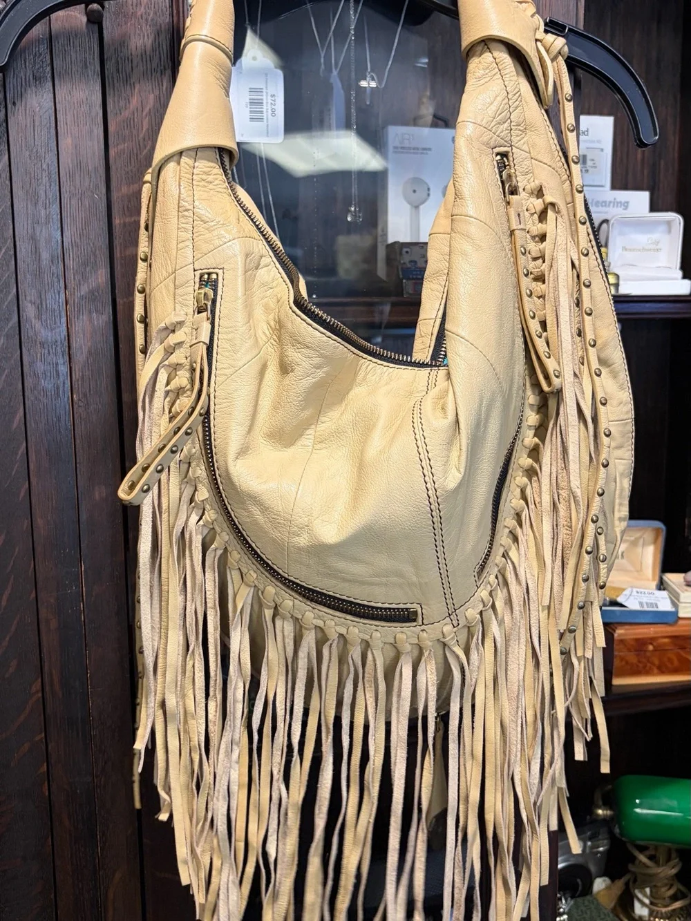 Oryany O by Oryany Cream Leather Fringe Studded Hobo Shoulder Bag